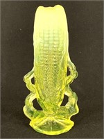 Yellow Vaseline Glass Corn Vase w Opalescent Edge