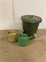 Garbage can with 2 watering cans.