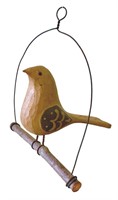Carved wooden bird on twig perch; not signed but