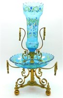 Victorian Hand Painted Blue Glass Gilt Epergne.
