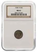 1838 US SEATED 5 CENT SILVER HALF DIME COIN NGC MS