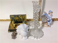 Candlesticks, figurines, one book end