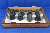 9 GLASS INSULATORS: VARIOUS STYLES