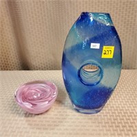 Blue Art Glass Vase & Pink Kosta Boda Glass Bowl