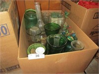 Box lot of green and clear glass flower