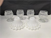 Milk Glass Candlestick Holders & 4 Ornate Glasses