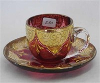 Moser cranberry decorated cup & saucer