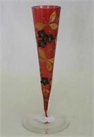 Cranberry decorated 6" bud vase w/applied flowers