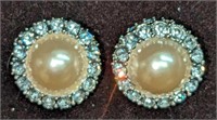 Kenneth Jay Lane Rhinestone Pearl Earrings Clip On