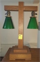 Wooden Lamp, Green Glass Shades