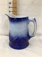 Ornate Dark Blue & White Stoneware Pitcher w/