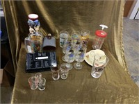 Assorted barware, glassware, flask and more