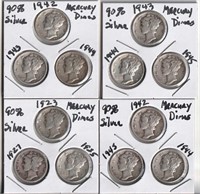 Lot Of 12, 90% Silver Mercury Dimes In Flips