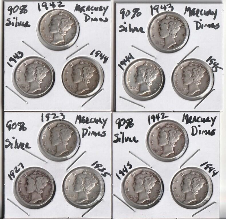 Lot Of 12, 90% Silver Mercury Dimes In Flips