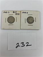 2 Roosevelt silver dimes 1949S 1949D