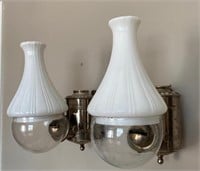 Pair Antique Angle Oil Lamps Milk Glass Shades