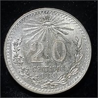 1939 Mexico 20 Centavos - Brilliant Silver