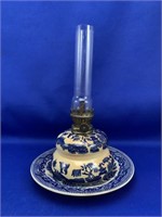 Blue Willow Oil Lamp & Plate