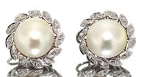 10kt Gold Vintage Mabe Pearl & Diamond Earrings