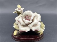 Capodimonte-Style Porcelain Rose on Wood Base