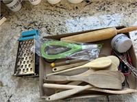 wooden spoons, whisk, grater, rolling pin