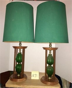 Pair of Vintage Green Glass & Wood Lamps