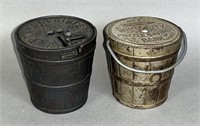 2 cast iron bucket shaped banks ca. 1889-1893;