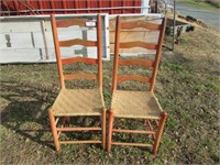 (2) Antique Early American Oak Ladder Back Chairs