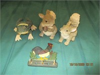2- 5"  plastic squirrels, 3" frog, cast iron hen