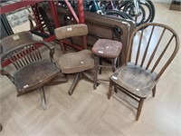 >2 wood/metal office Chairs, stool & wood chair