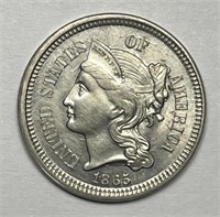 1865 Three Cent Nickel Rev. Die Clash Uncirculated