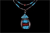 Navajo Sterling Silver Turquoise & Coral Necklace