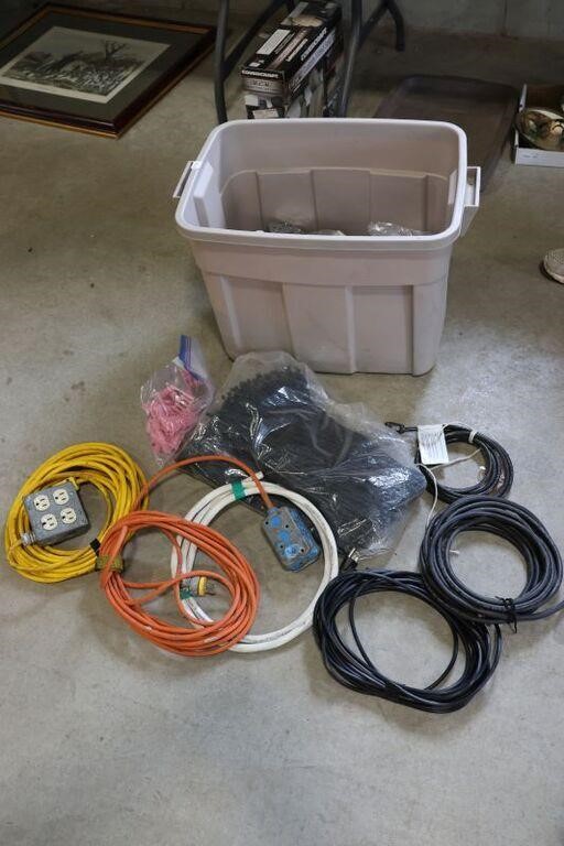 TOTE OF EXTENSION CORDS, HARDWARE AND ELECTRICAL