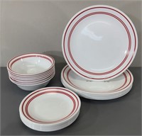 Corelle Plates & Bowls w/Red Stripe