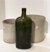 Lot consists of two crocks and an antique bottle.