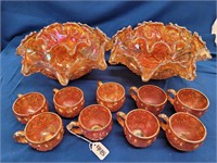 Antique Carnival Glass Punch Bowl Set