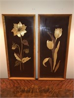 Pair of Vntg Wood Veneer Inlay Marquetry Wall Art