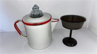 White w/ red trim Fire-King top camp coffee pot