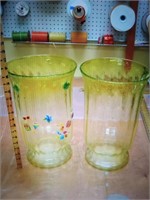 2 green glass vases