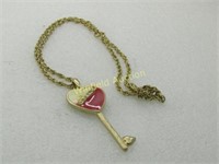 Vintage Rhinestone Enameled Heart Key Necklace, 24