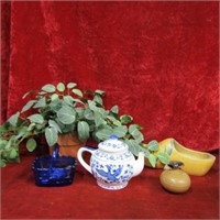 Danish wood shoe, blue glass basket, teapot.