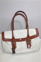 COACH LADIES HAND BAG WHITE W/BROWN LEATHER TRIM