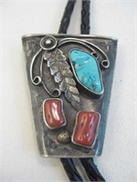 Navajo SS Turquoise & Coral Bolo Tie - Tested