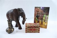 Wooden Carved Elephant, Textile Trinket Box, Vase