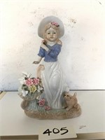 Ceramic Hand Painted Woman And Dog Figurine White