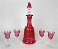 Vintage Cranberry Glass Style Decanter & Glasses