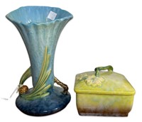(2pcs Vintage Roseville Pottery Vase, Dresser Jar