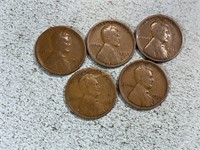 Five 1918D Lincoln wheat cents