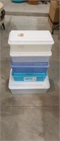 Five assorted Sterilite storage totes