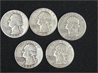 Five silver quarters 1943, 54, 56, 58, and a 59